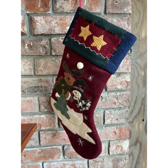 Christmas Stocking Burgundy Bear Snowman Appliqued Primitive Stars Blue Green - Picture 1 of 5